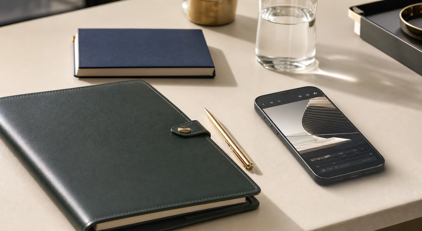 Editorial desk with a smartphone and refined business materials